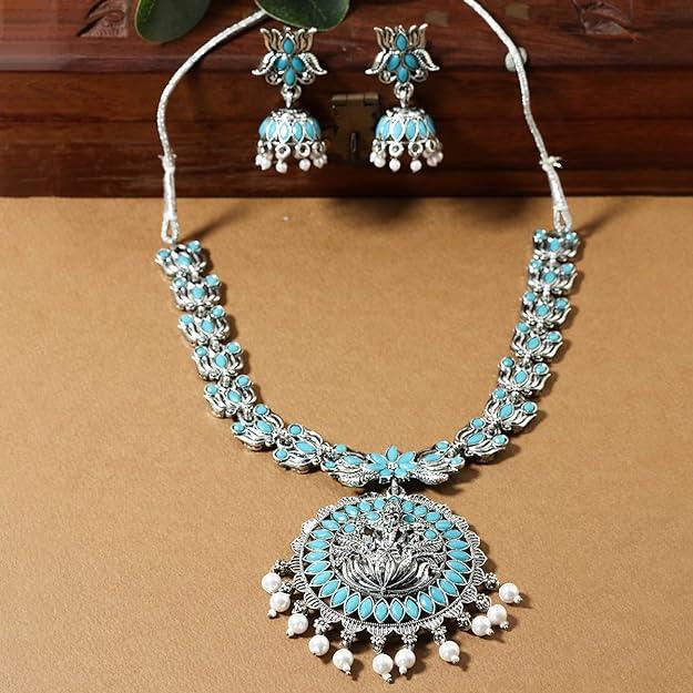 Silver-Toned Temple Design Long Jewellery Set - Trendisia