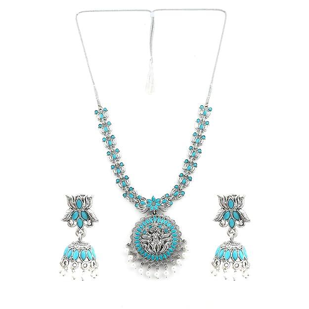 Silver-Toned Temple Design Long Jewellery Set - Trendisia