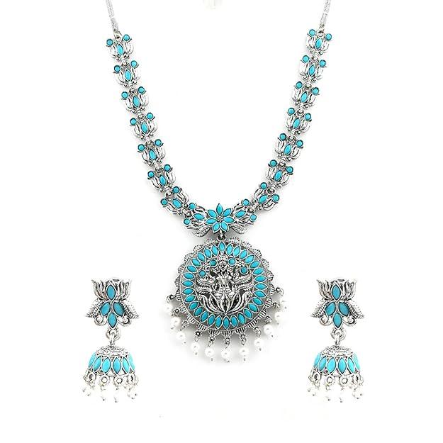 Silver-Toned Temple Design Long Jewellery Set - Trendisia