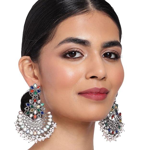 Silver-Toned White Mirror Circular Drop Earrings - Trendisia