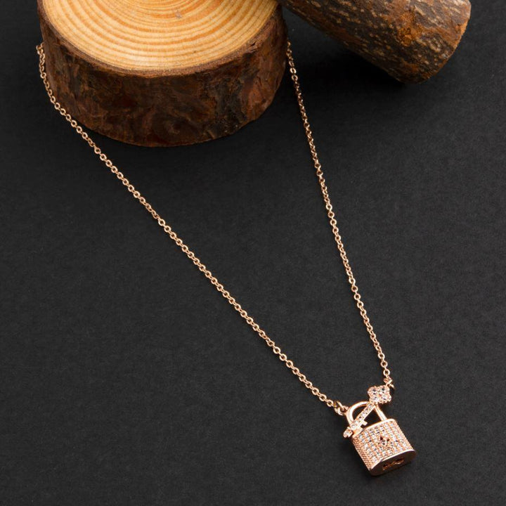 Stainless Steel CZ Rose Gold Lock Key Necklace- CZNK 1800 - Trendisia