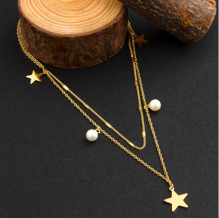 Stainless Steel Double Layer Gold Plated Chain With Pearl &amp; Star Shaped Pendent Necklace- NK 1802 - Trendisia