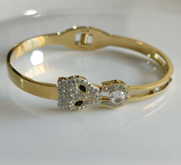 Stainless Steel Gold Cat Face Cubic Zicronia Kada - STKD 4946 - Trendisia