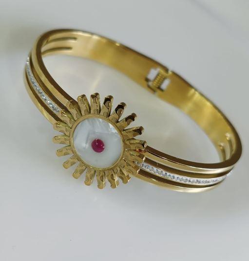 Stainless Steel Gold Plated Floral Shaped Evil Eye Kada- STKD 4843 - Trendisia