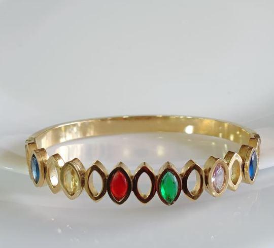 Stainless Steel Gold Plated Multi Coloured Kada - STKD 4855 - Trendisia