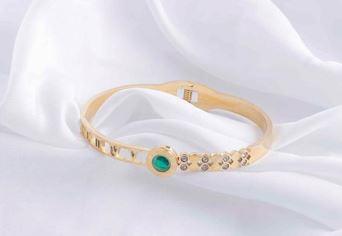 Stainless Steel Gold Plated Roman Numerals Green Crystal Kada - STKD 4872 - Trendisia