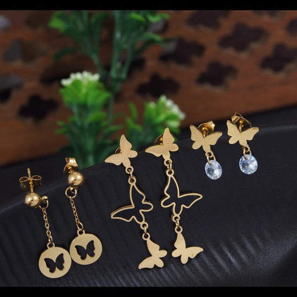 Stainless Steel Gold Plated Three Pair Butterfly Dangle Earring- STNER 4114 - Trendisia