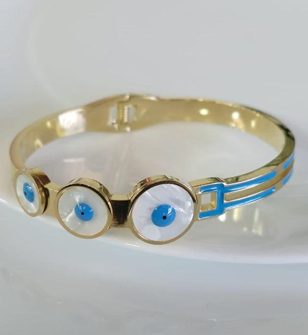 Stainless Steel Gold Plated Tri Evil Eye Kada- STKD 4863 - Trendisia