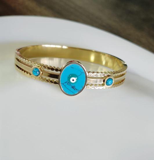 Stainless Steel Gold Plated Turquoise Evil Eye Kada- STKD 4834 - Trendisia