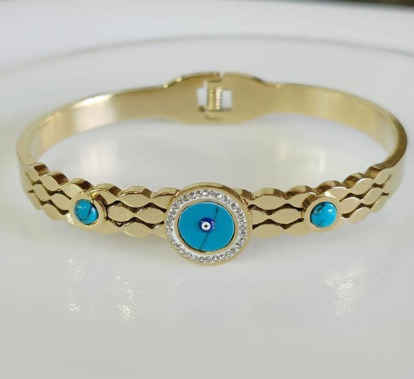 Stainless Steel Gold Plated Turquoise Evil Eye Kada- STKD 4840 - Trendisia
