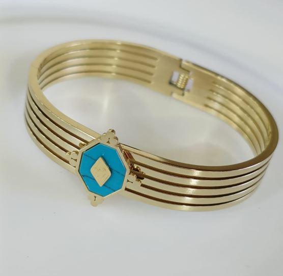 Stainless Steel Gold Plated Turquoise Geometric Shaped Kada - STKD 4857 - Trendisia