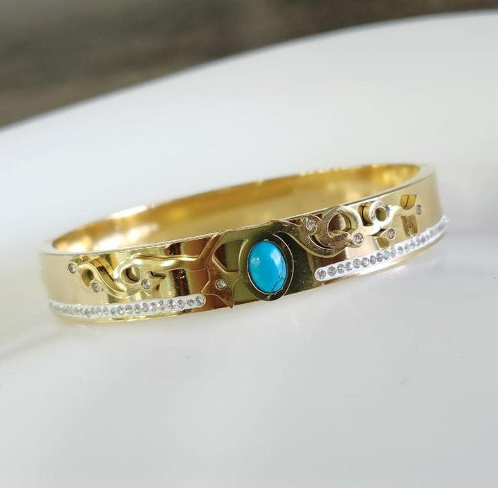 Stainless Steel Gold Plated Turquoise Oval Shaped Kada- STKD 4849 - Trendisia