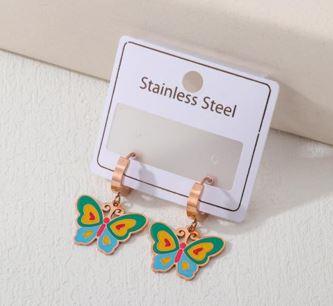 Stainless Steel Gold/Rosegold Plated Colourful Butterfly Hoops Earring- STNER 4932 - Trendisia