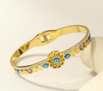 Stainless Steel Gold/Rosegold Plated Floral Shaped Evil Eye Kada- STKD 4883 - Trendisia