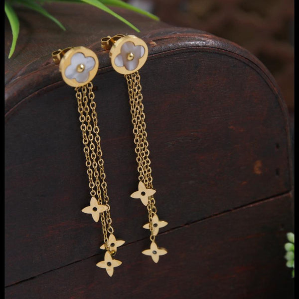 Stainless Steel Gold/Rosegold Plated Multi Clover Chain Dangle Earring- STNER 4113 - Trendisia