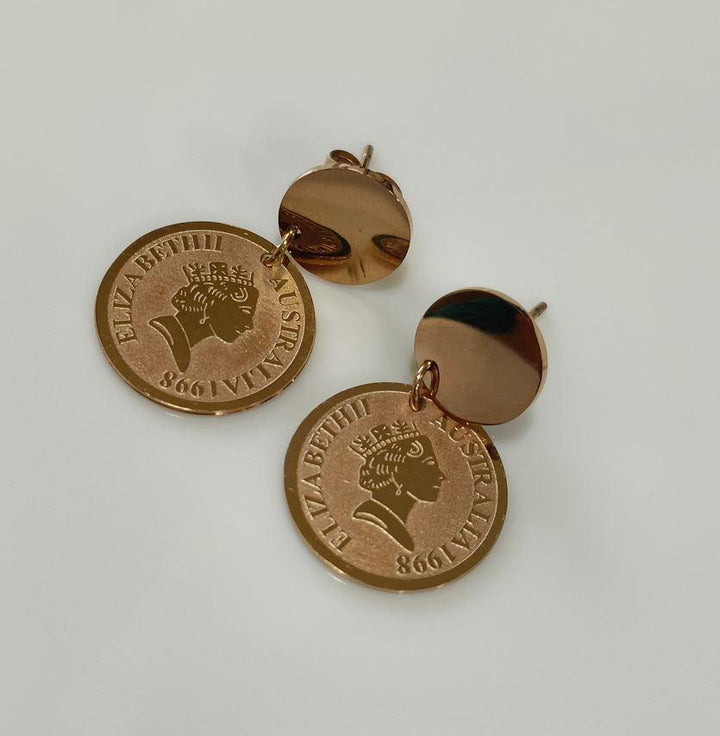 Stainless Steel Gold/Rosegold Plated Queen Elizabeth Portrait Coin Drop Earring- STNER 2591 - Trendisia