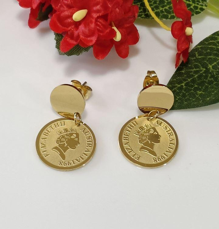 Stainless Steel Gold/Rosegold Plated Queen Elizabeth Portrait Coin Drop Earring- STNER 2591 - Trendisia