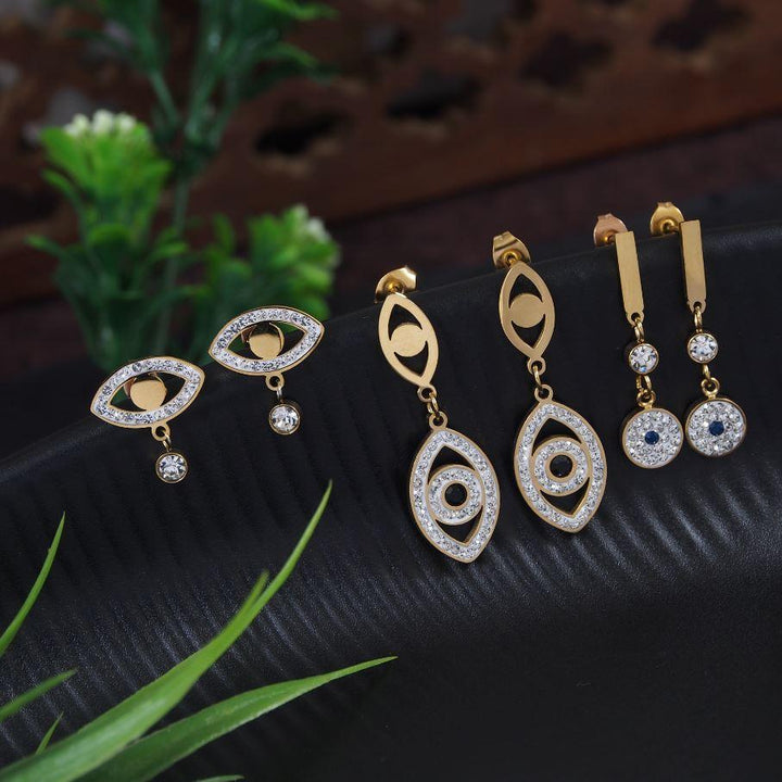 Stainless Steel Gold/Rosegold Plated Three Pair Evil Eye Dangle Earring- STNER 4122 - Trendisia