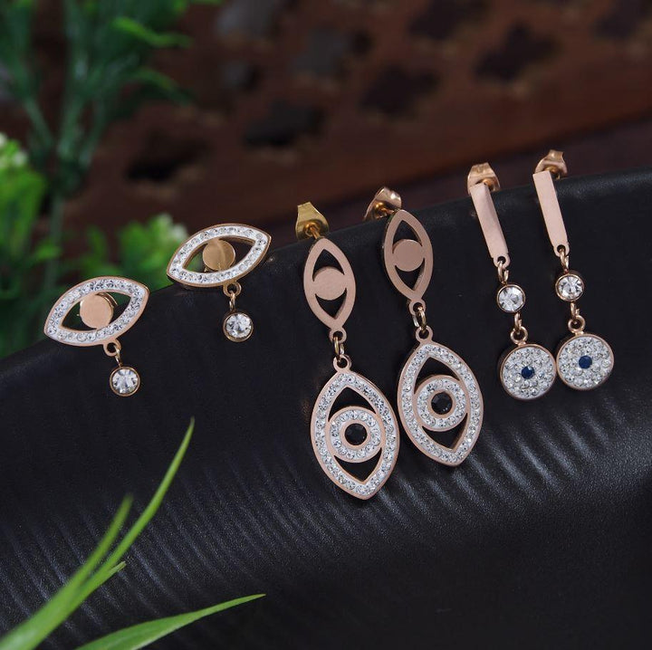 Stainless Steel Gold/Rosegold Plated Three Pair Evil Eye Dangle Earring- STNER 4122 - Trendisia