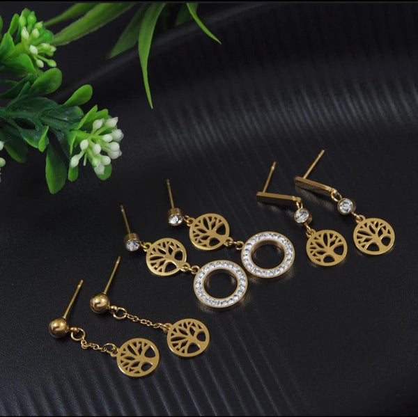 Stainless Steel Gold/Rosegold Plated Three Pair Floral Dangle Earring- STNER 4112 - Trendisia