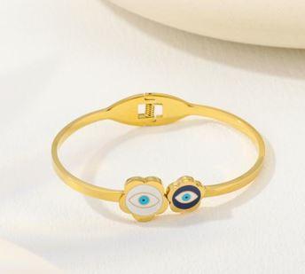 Stainless Steel Gold/Rosegold Plated Two Flower Evil Eye Enamel Kada- STKD 4897 - Trendisia