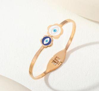 Stainless Steel Gold/Rosegold Plated Two Flower Evil Eye Enamel Kada- STKD 4897 - Trendisia