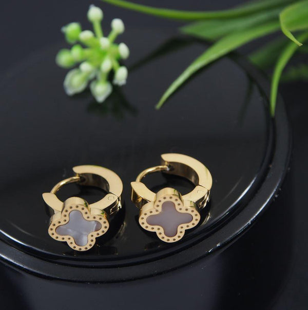 Stainless Steel Gold/Rosegold Plated White Shell Clover Hoops Earring- STNER 4031 - Trendisia