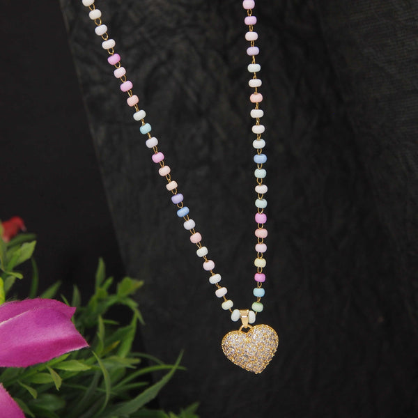 Stainless Steel Heart Shaped Pendent Pearl Chain Necklace - STNK 4962 - Trendisia