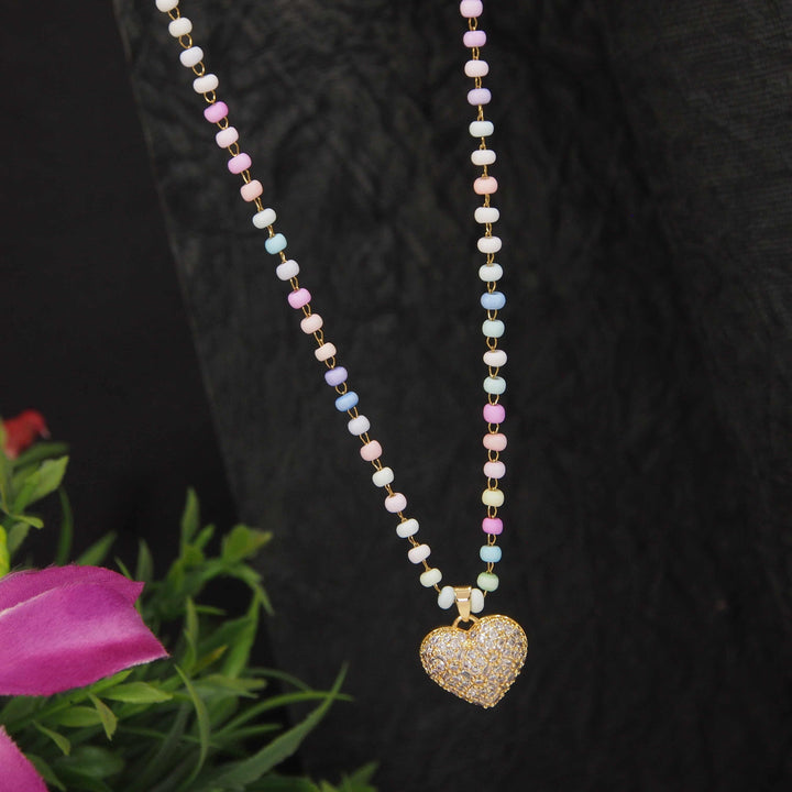 Stainless Steel Heart Shaped Pendent Pearl Chain Necklace - STNK 4962 - Trendisia