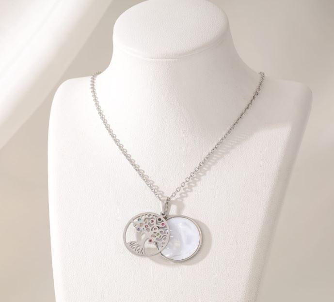 Stainless Steel Life Of Tree Pendent White Shell Necklace - STNK 5040 - Trendisia