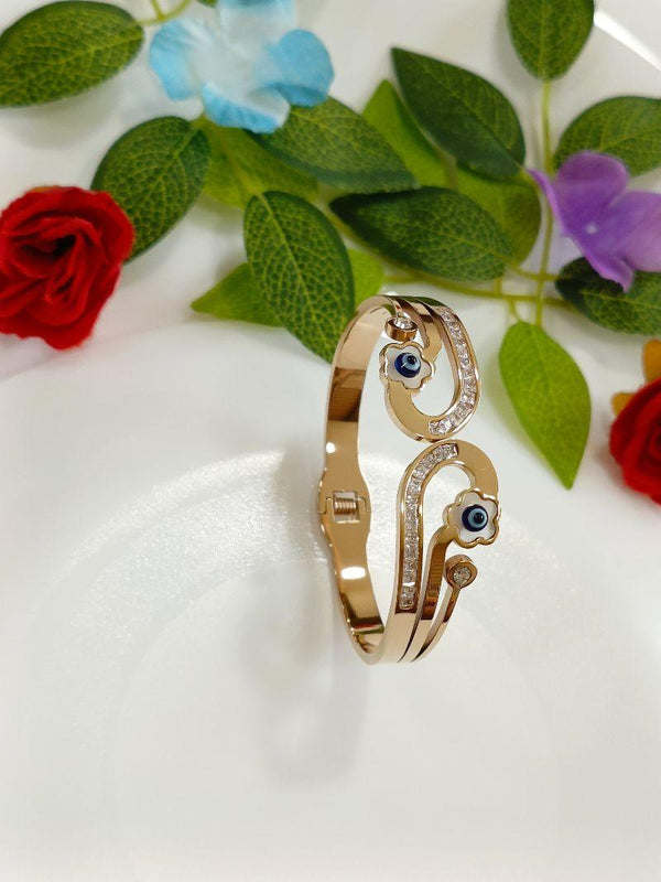 Stainless Steel Rosegold Plated Baguette Evil Eye on Flower Fancy Kada- STKD 4256 - Trendisia