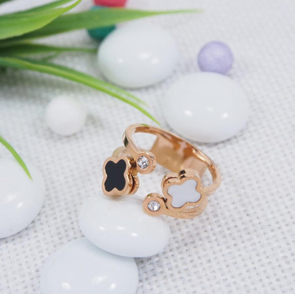 Stainless Steel Rosegold Plated Black and White Clover Double Layer Finger Ring- FR 3960 - Trendisia