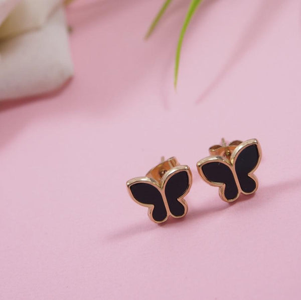 Stainless Steel Rosegold Plated Black and White Pearl Butterfly Stud Earring- STNER 3860 - Trendisia