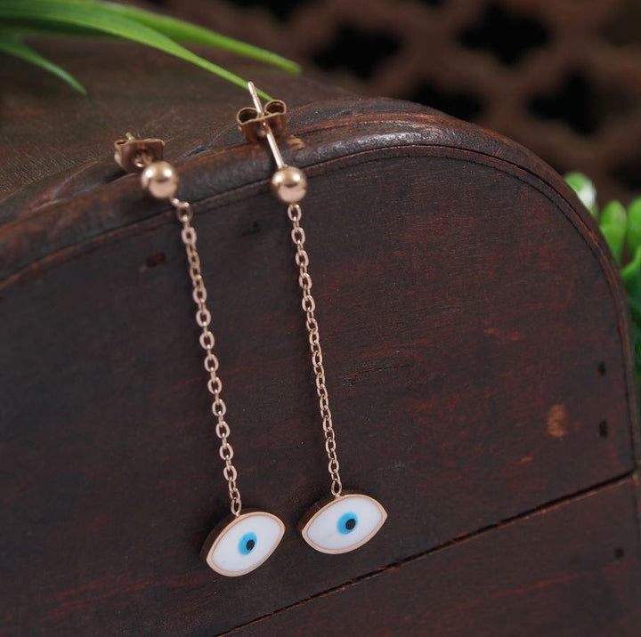 Stainless Steel Rosegold Plated Evil Eye Chain Dangle Earring- STNER 4051 - Trendisia