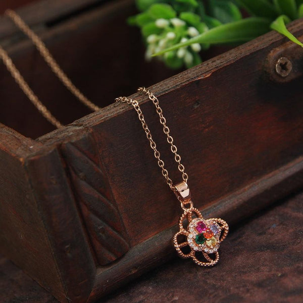 Stainless Steel Rosegold Plated Floral Shaped Multi Coloured Spinning Pendent Necklace- SSNK 4324 - Trendisia