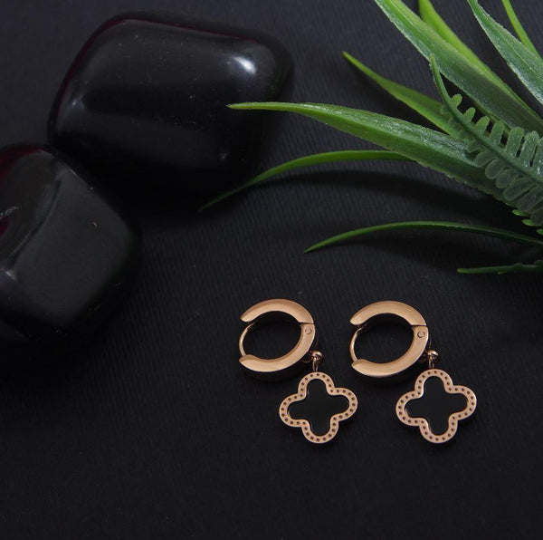 Stainless Steel Rosegold Plated Four Clover Designed Hoops Earring-STNER 2900 - Trendisia