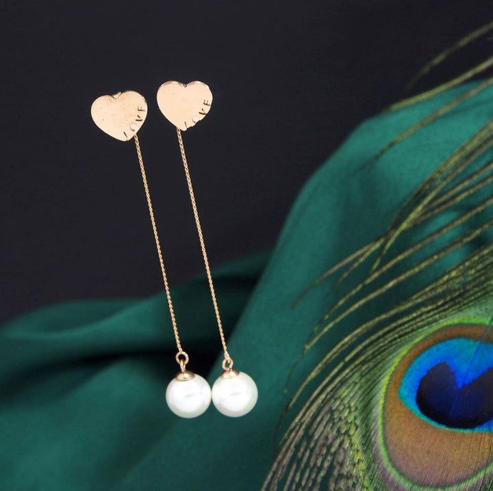 Stainless Steel Rosegold Plated Heart Shaped Chain Pearl Earring- STNER 2762 - Trendisia