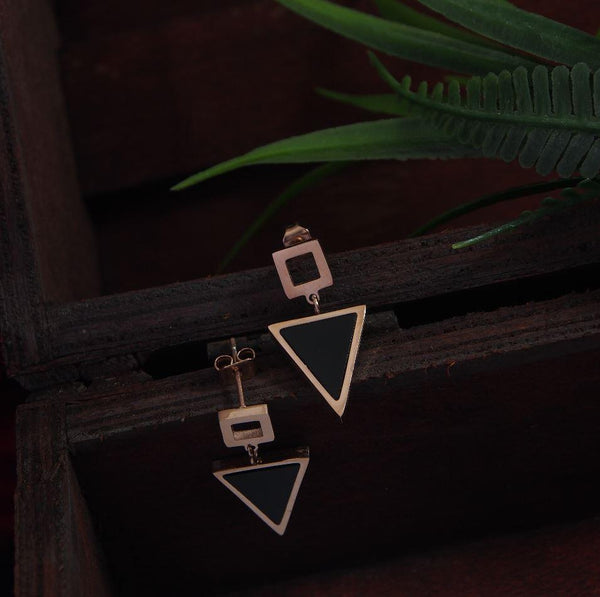 Stainless Steel Rosegold Plated Inlaid Black Triangle Shaped Drop Earring-STNER 2907 - Trendisia