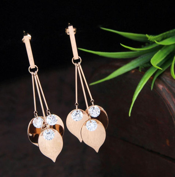 Stainless Steel Rosegold Plated Leaf Shaped Dangle Earring-STNER 2735 - Trendisia