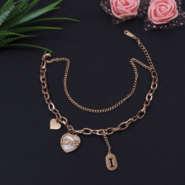 Stainless Steel Rosegold Plated LOVE Heart Shaped Charm Bracelet- STBR 3089 - Trendisia