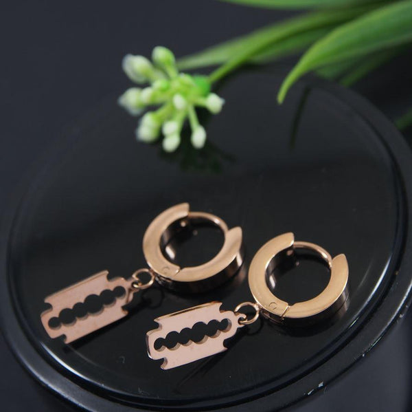 Stainless Steel Rosegold Plated Razor Blade Shaped Hoops Earring- STNER 4060 - Trendisia