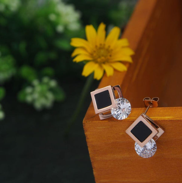 Stainless Steel Rosegold Plated Rhombus Shaped CZ Stud Earring-STNER 2867 - Trendisia