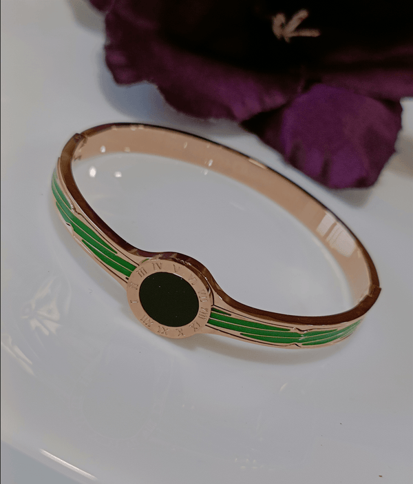Stainless Steel Rosegold Plated Roman Numerals Green Coloured Kada- STKD 3054 - Trendisia