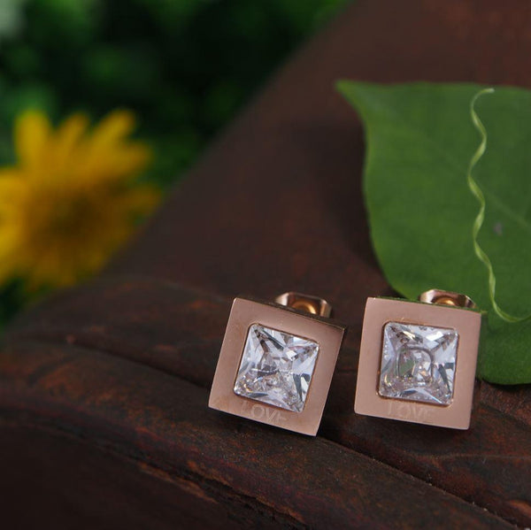 Stainless Steel Rosegold Plated Square CZ Stud Earring-STNER 2825 - Trendisia