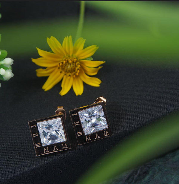 Stainless Steel Rosegold Plated Square Shaped Roman Numerals Stud Earring-STNER 2849 - Trendisia