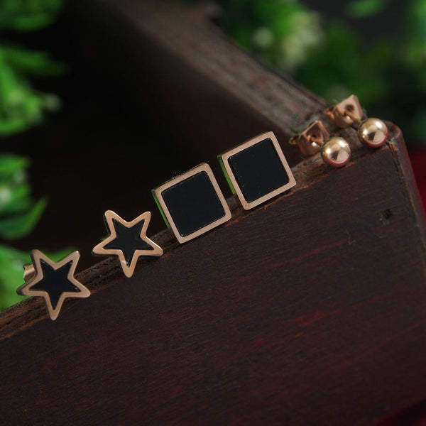 Stainless Steel Rosegold Plated Three Pair Star Square &amp; Round Shaped Stud Earring-STNER 2862 - Trendisia