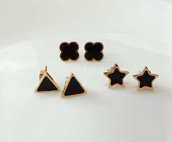 Stainless Steel Rosegold Plated Three Pair Star, Triangle &amp; Flower Shaped Stud Earring-STNER 2559 - Trendisia