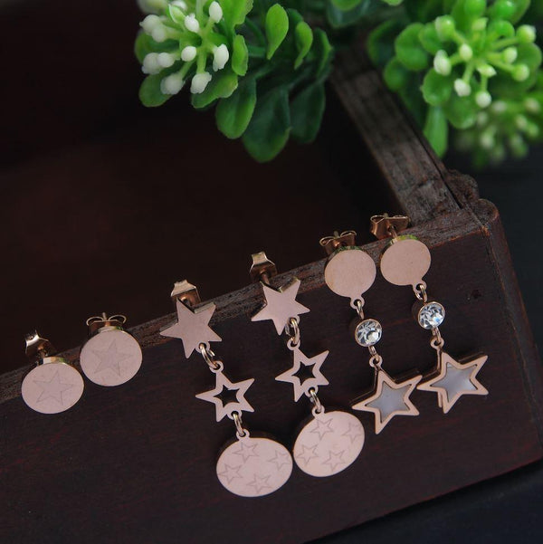 Stainless Steel Rosegold Plated Three Pair Stud and Star Shaped Dangler Earring-STNER 2857 - Trendisia