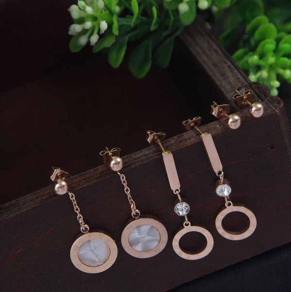 Stainless Steel Rosegold Plated Three Pair Stud &amp; Roman Numerals Chain Earring-STNER 2882 - Trendisia