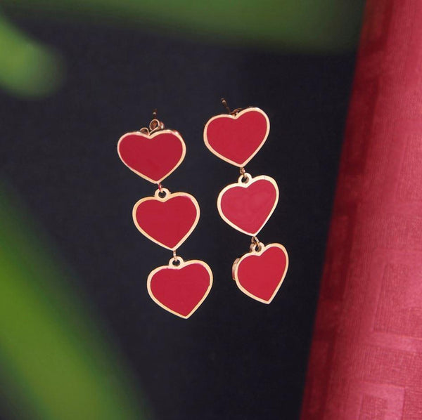 Stainless Steel Rosegold Plated Three Red Hearts Dangle Earring-STNER 2753 - Trendisia